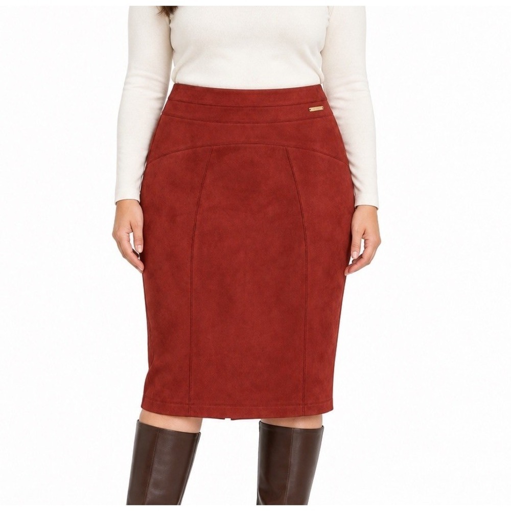 Marc New York Faux Suede Pencil Skirt L Rust Red Midi Stretch Fall Capsule Boho